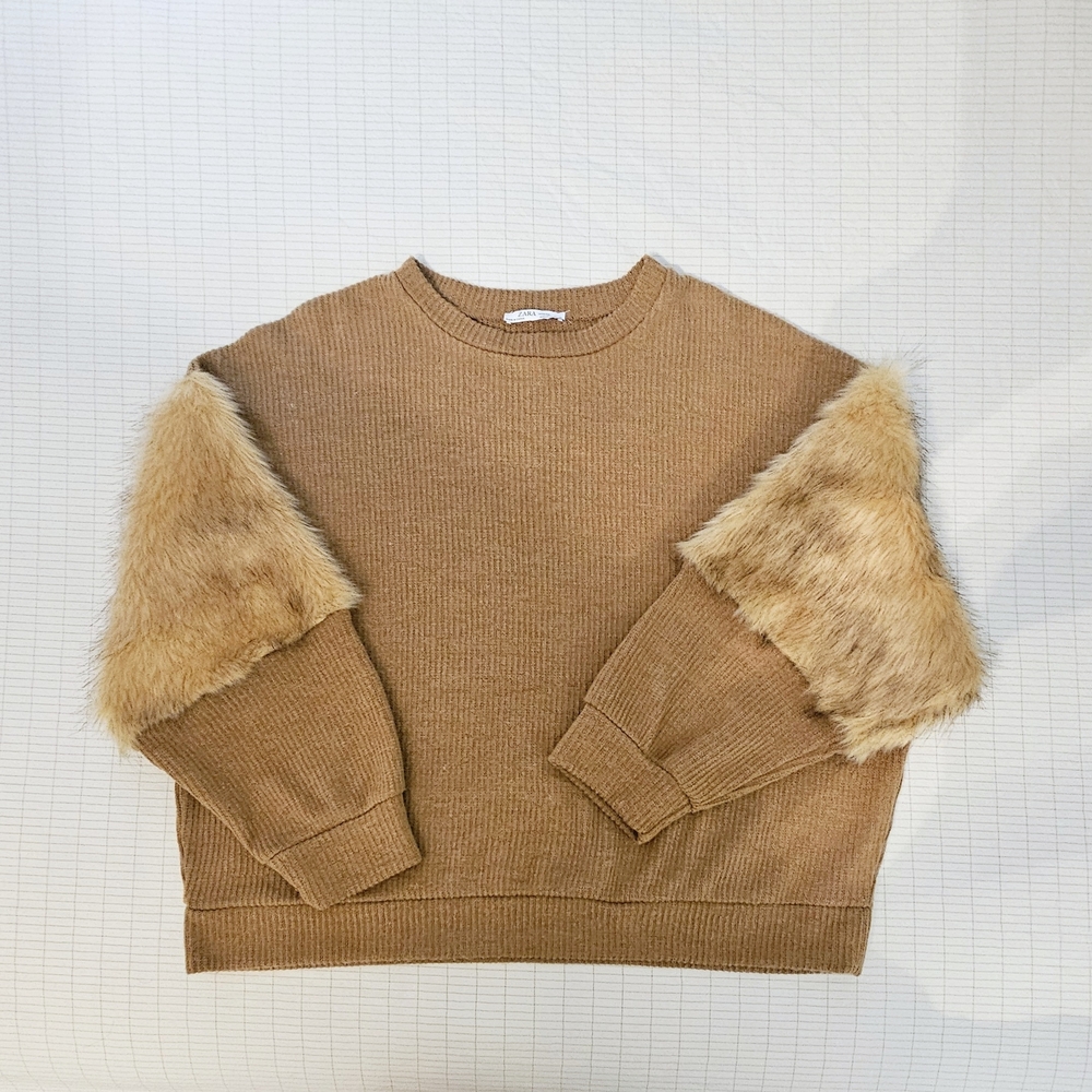 Zara Tan Sweater with Faux Fur Sleeves